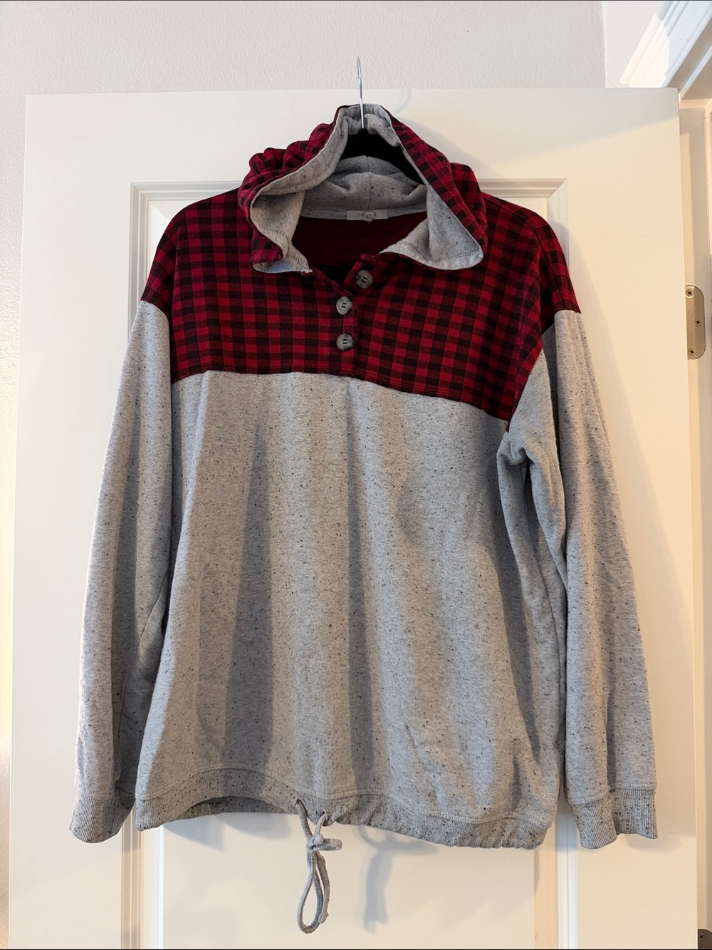 Maurices Gray Pullover Hoodie with Red Buffalo Plaid Yoke